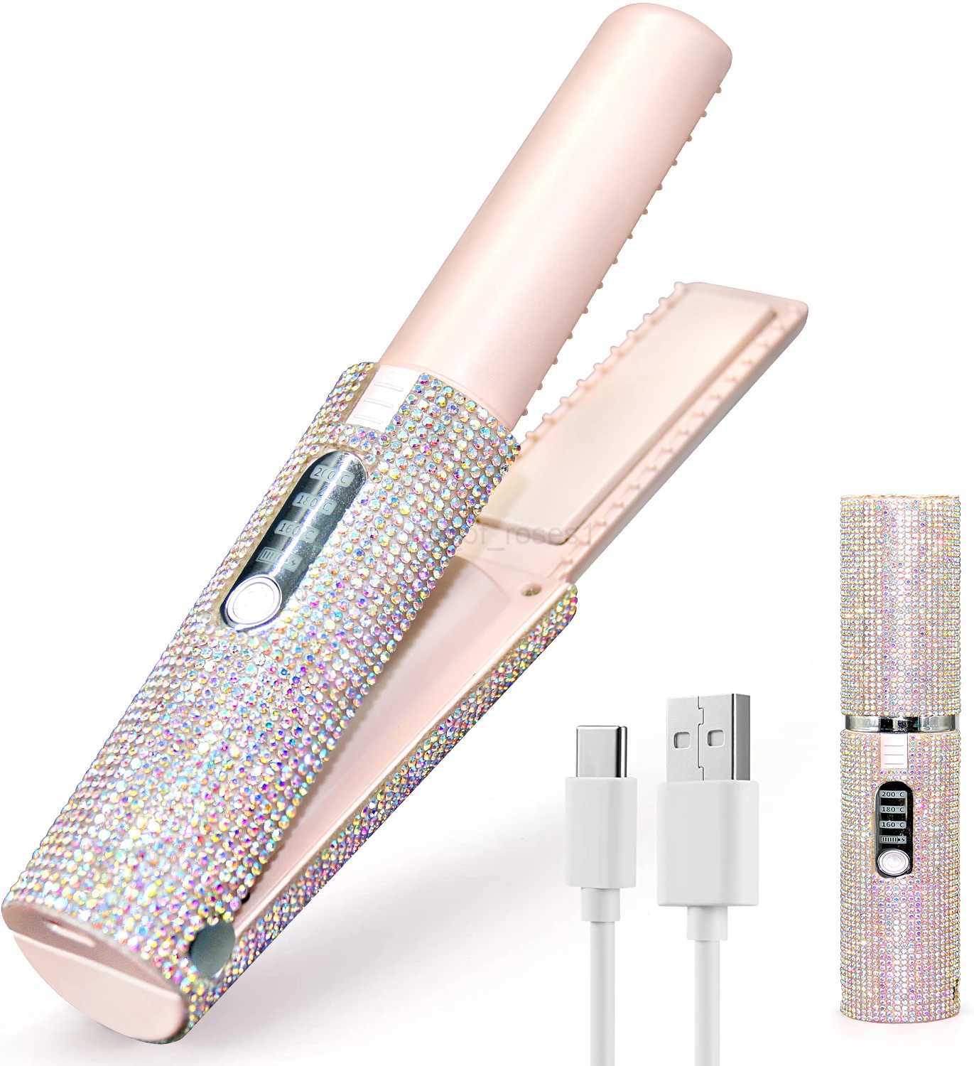2-IN-1 Electric USB Hair Straightener Curler Fashion Colored Diamond Design Wireless Travel Hair Straightening Styler BrushM240708