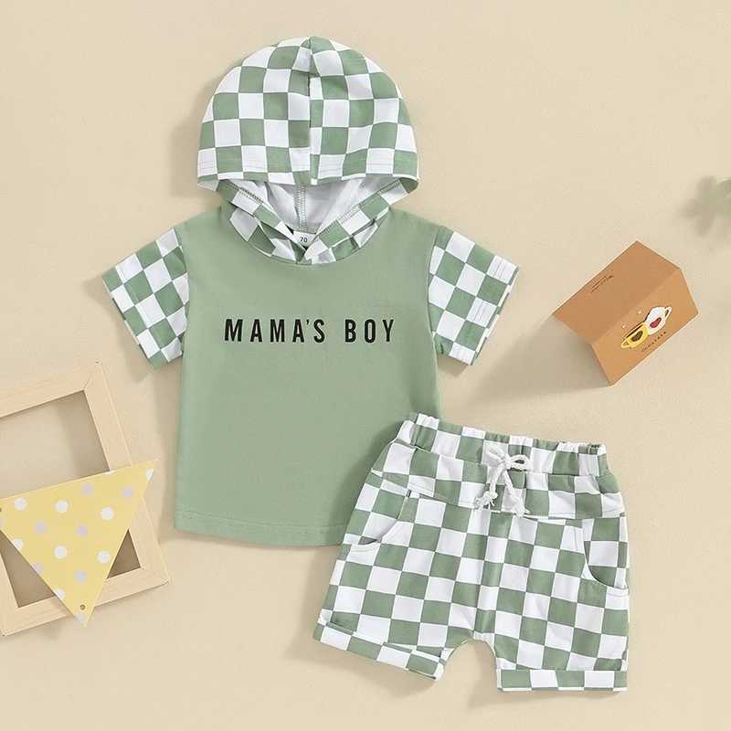 Clothing Sets Baby Boy Summer Clothing Outfits Short Sleeve Letter Print Hooded Tops + Elastic Waist Checkerboard Shorts Infant Toddler Sets 2LN4