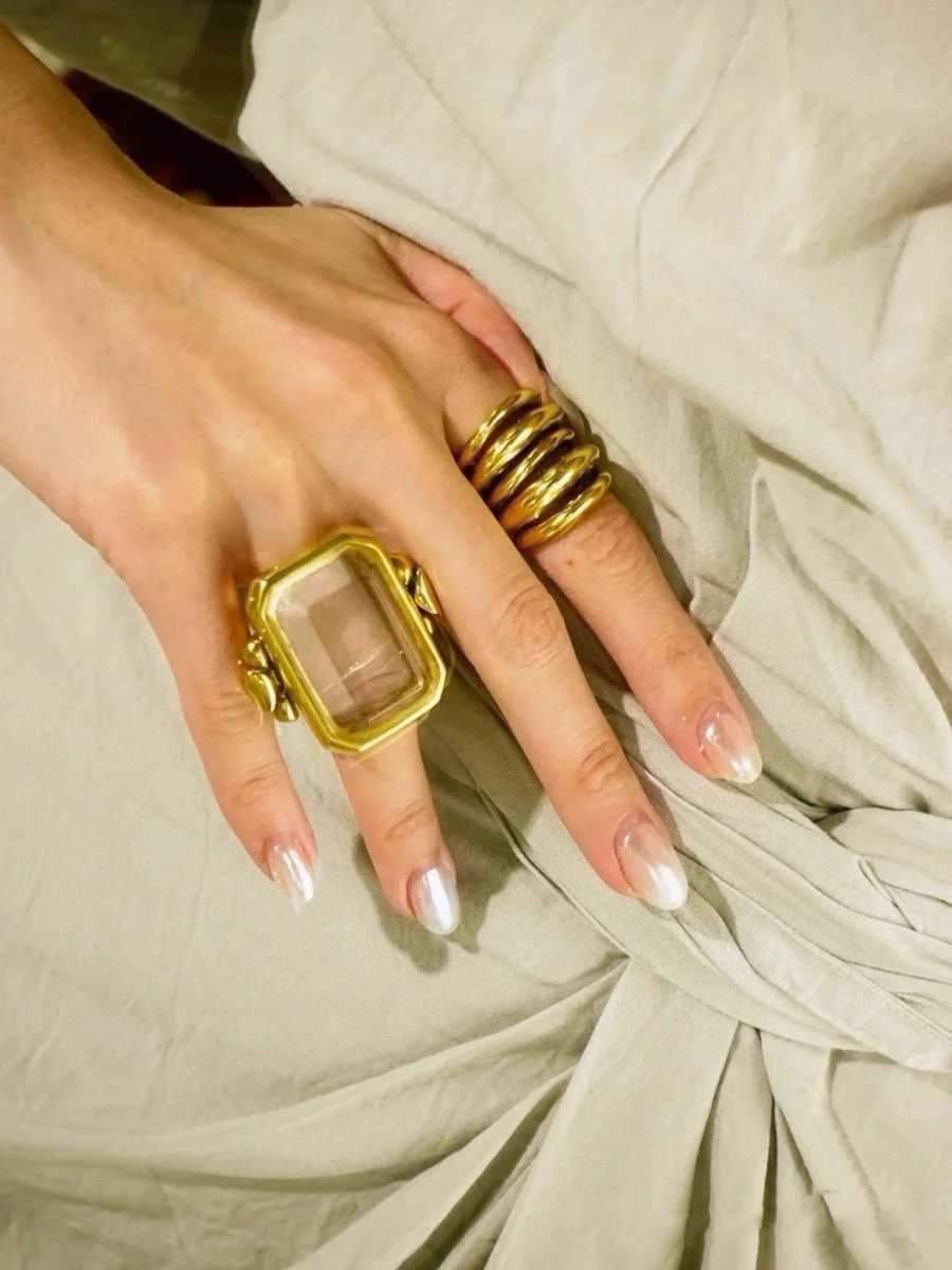 Personality large rock candy square natural crystal ring 240626