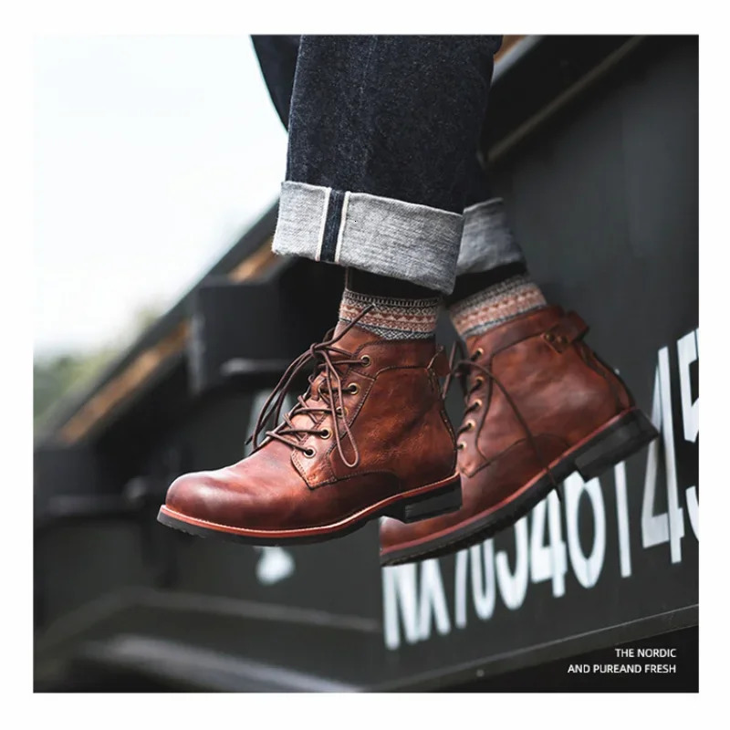 Handmade Leather Men Boots Retro Round Toe Ankle Boots 2024 Autumn Winter Punk Street Style Motorcycle Boots Men Chunky Botines 240709