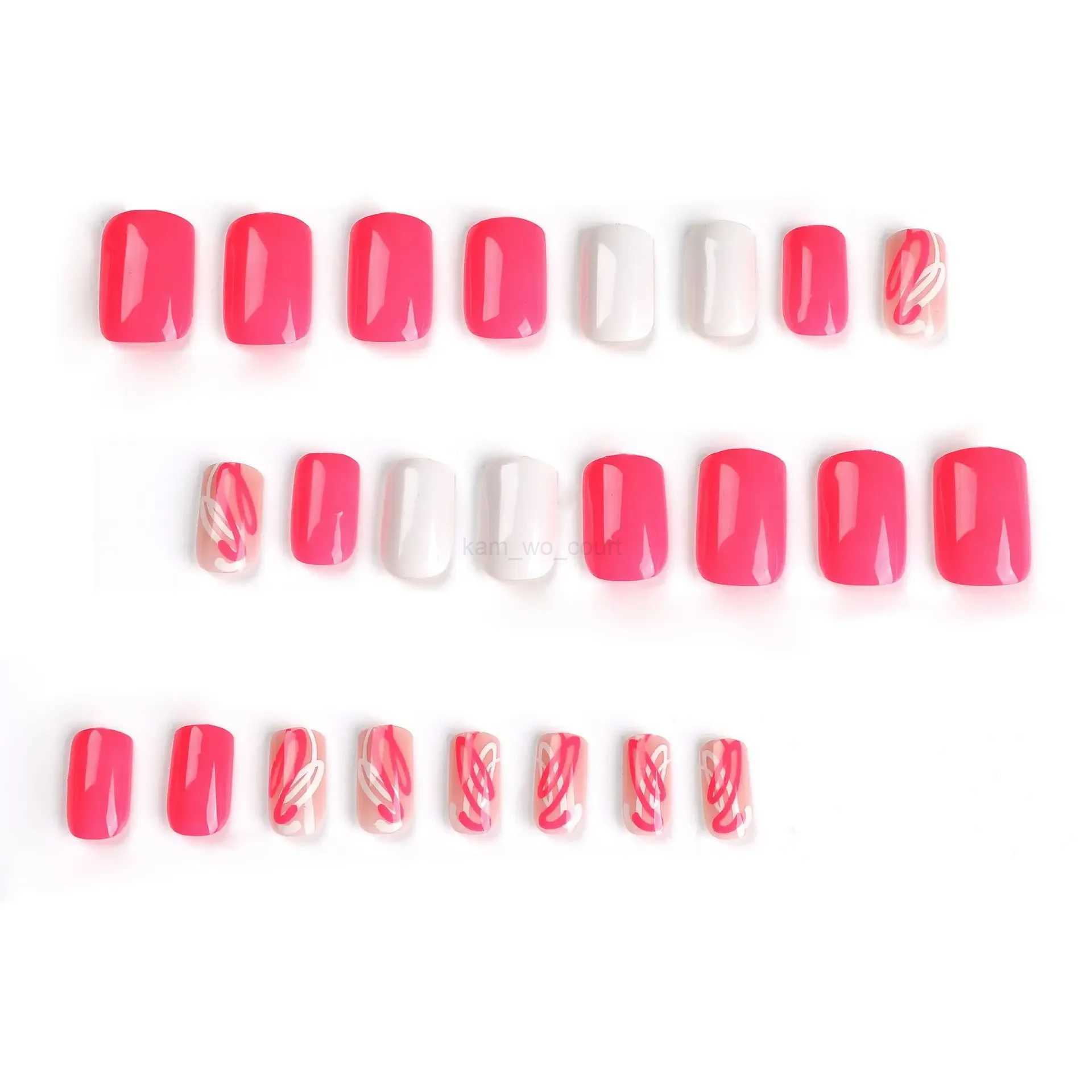 24pcs French Short False Nails Powder White Wave Design Fake Nails Art Full Cover Waterproof Detachable Artificial Press on NailM240709