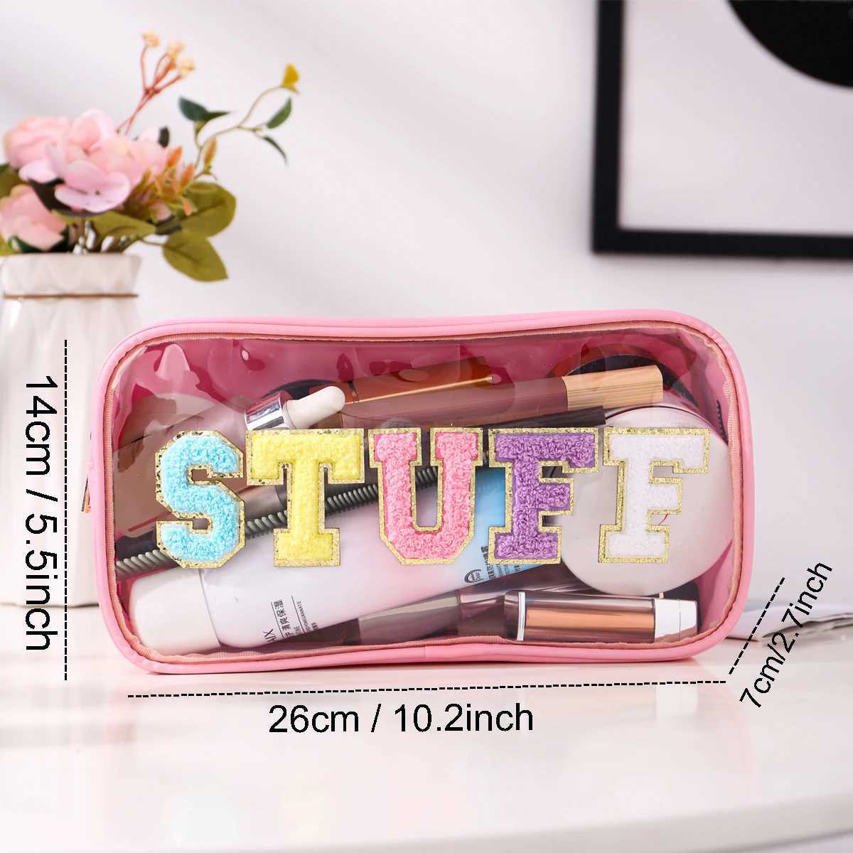 Women Girls Nylon Waterproof Glitter Chenille Letter Clear Patch Makeup Cosmetic Bag Travel Storage Pouch for Swim BeachCL240708