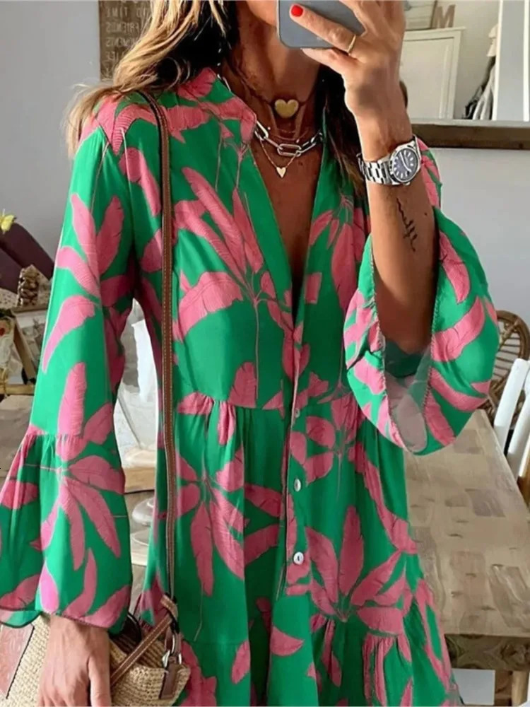 Autumn Boho Vacation Shirt Dresses For Women Sexy V-neck Flare Sleeve Elegant Ruffles Print Dress Spring Casual Loose Dress 240703