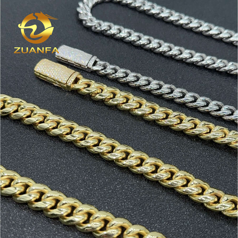 10mm 12mm Hip Hop Cuban Necklace 925 Silver Moissanite Clasp Stainless Steel Link Chain
