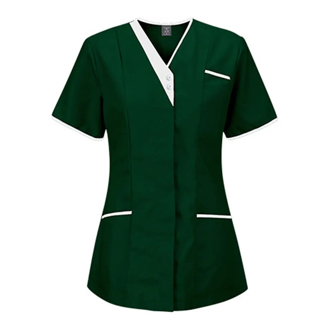 Nurse Uniform Women Solid Color Short V Neck Sleeve Scrubs Blouse Hospital Healthcare Working Tunic Spa Beauty Salon Workwear 240704