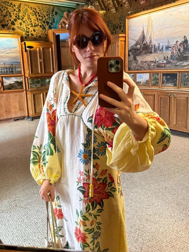 Fashion Flower Printed Lantern Sleeves Maxi Dress Women Causal Lace Up Loose Long Dresses 2024 Summer Lady Holiday Beach Vestido 240703