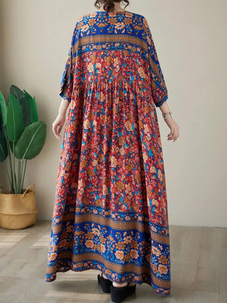 Oversized Flower Floral Print Summer Long Dress Women Loose Ruffle Pleated Modis Casual Ladies Dresses Short Sleeve Woman Dress 240703