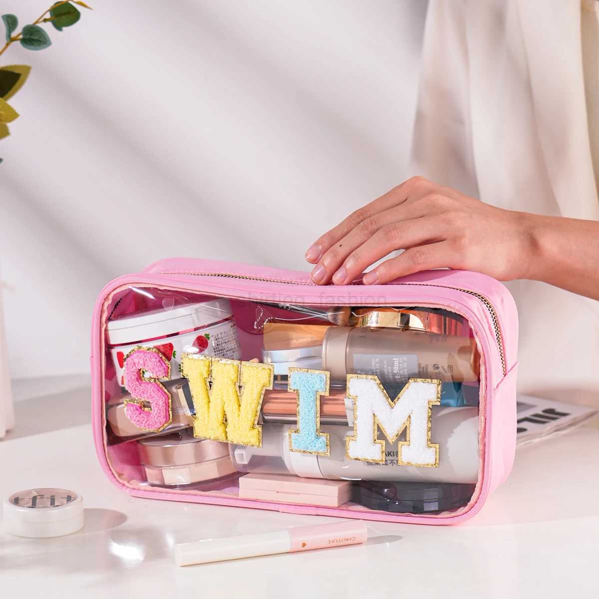 Women Girls Nylon Waterproof Glitter Chenille Letter Clear Patch Makeup Cosmetic Bag Travel Storage Pouch for Swim BeachCL240708