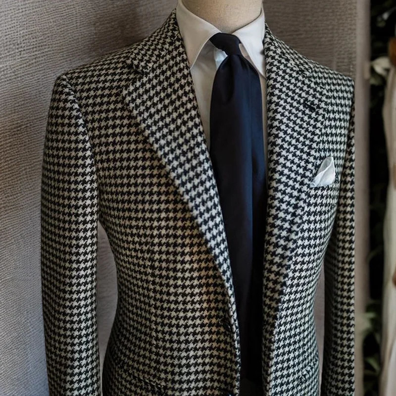 Houndstooth Business Blazer for Men Plaid Notched Lapel Suit Jacket Formal Male Fashion Coat 240626