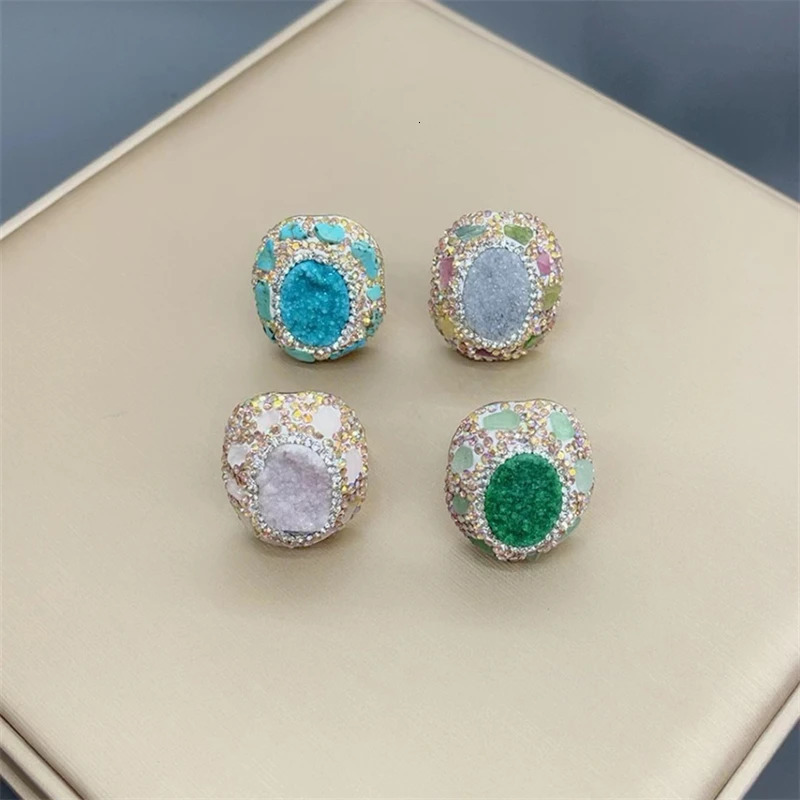 Unique Natrual Tourmaline Crystal Finger Rings Open Size Emerald Green Turquoise Irregular Shape Fashion Jewelry for Women 240626