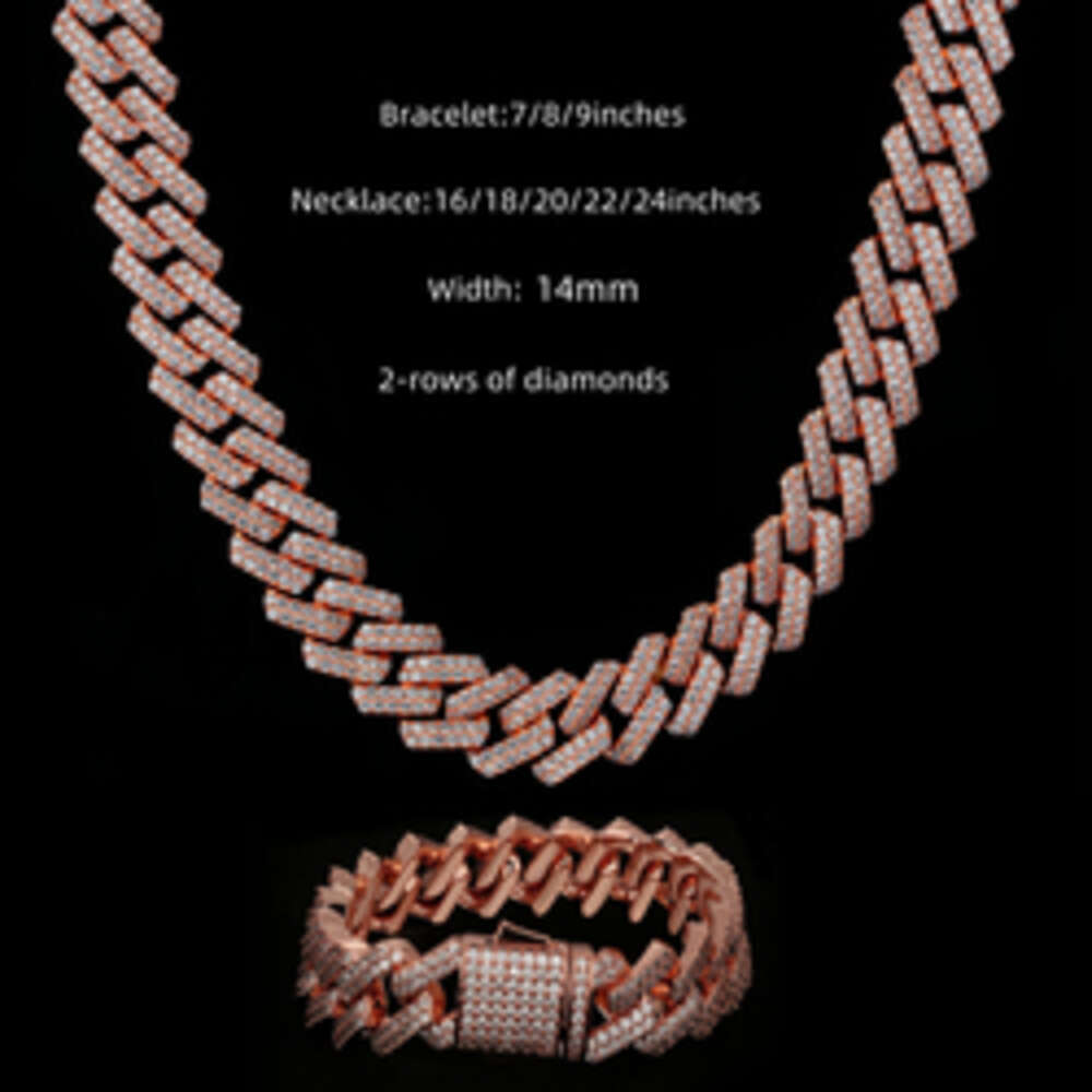 Moissanite Chain Western Style Full S925 14mm Cuban Men Necklace Gold Plated Sterling Silver