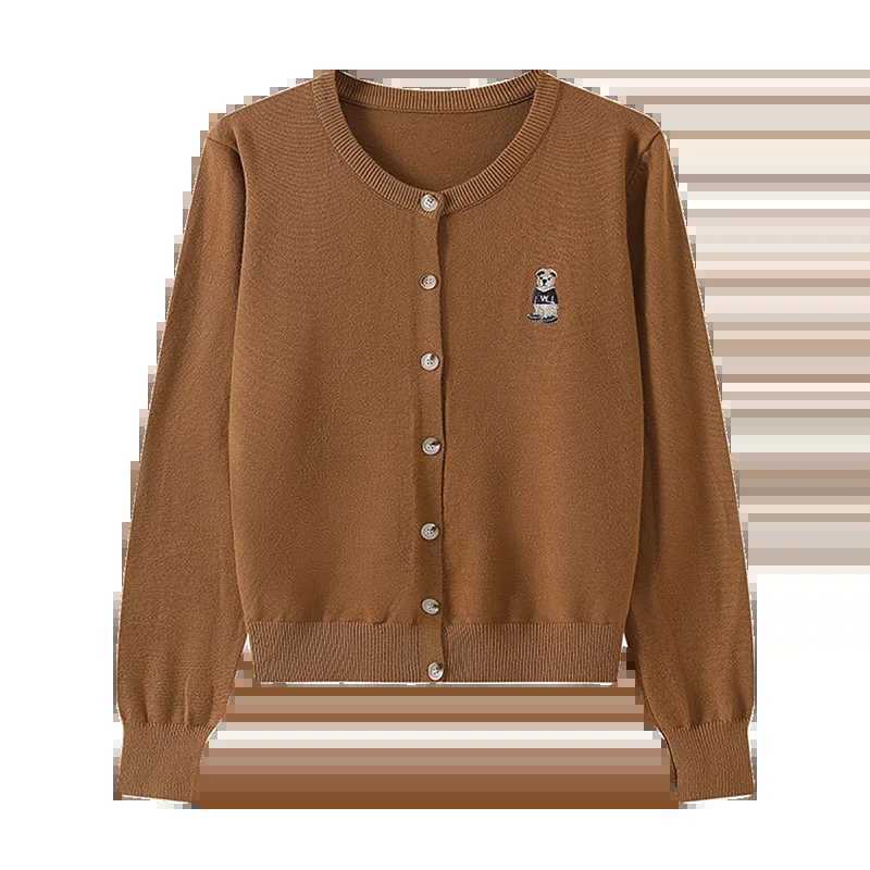 Women's Sweaters Womens bear embroidered thin cardigan sweater single sweating office solid top long sleeved knitted sweater womens spring 2024 J