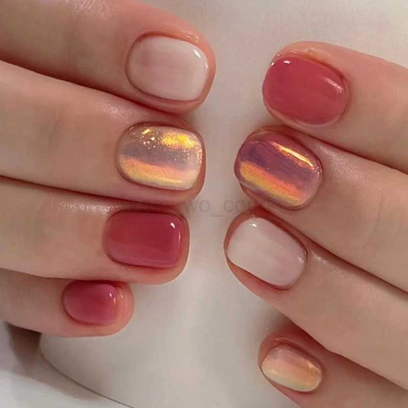 24pcs French Short False Nails Powder White Wave Design Fake Nails Art Full Cover Waterproof Detachable Artificial Press on NailM240709
