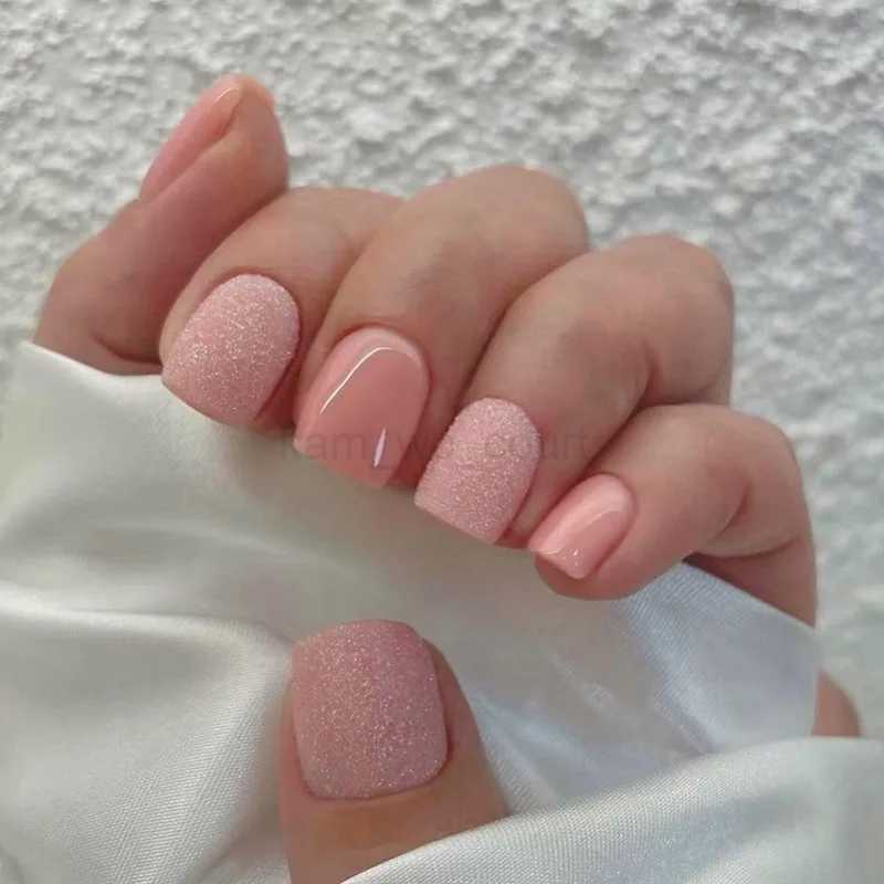24pcs French Short False Nails Powder White Wave Design Fake Nails Art Full Cover Waterproof Detachable Artificial Press on NailM240709