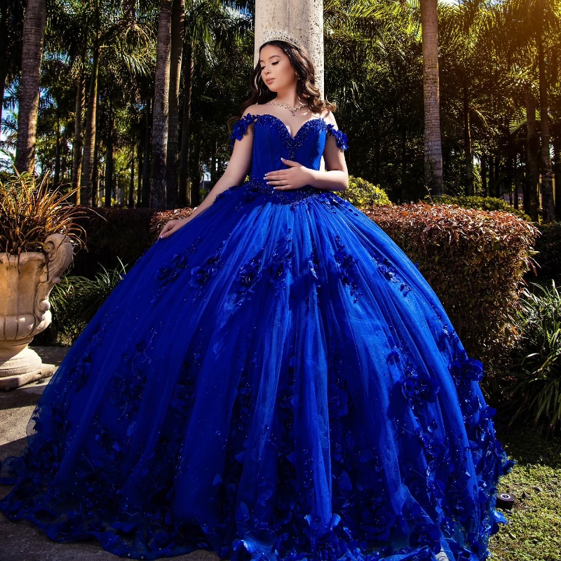 Royal Blue Ball Gown Quinceanera Dresses Off The Shoulder 3D wers Appliques Beads Tull Corset Sweet 16 Dress Vestidos De 15 Anos