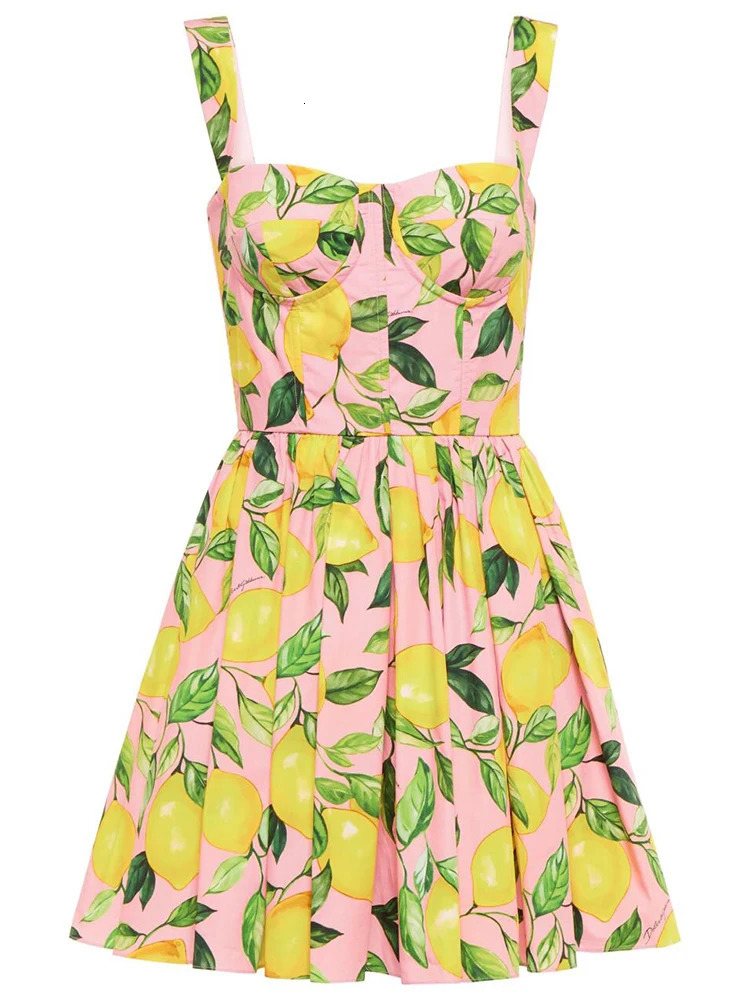 100% Cotton Women Dress Summer Beach Holiday Spaghetti Strap Lemon Printing Mini Vestidos High Street Princess 240703