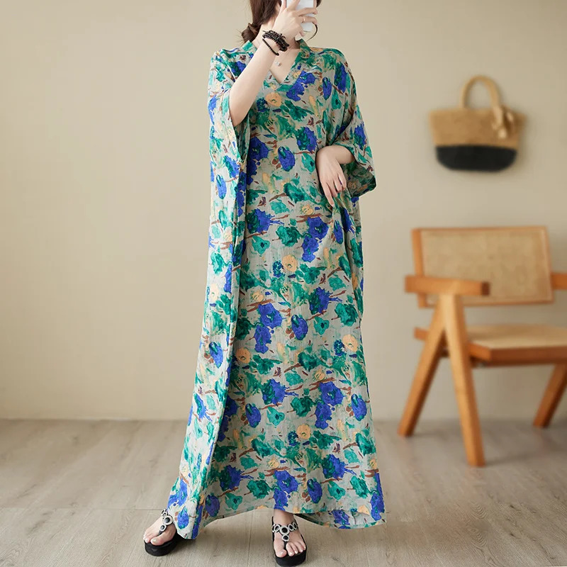 #3601 Retro Printed Cotton Linen Dress Batwing Sleeve Thin Loose Pockets Long Dress Ladies V-neck Sexy Beach Floor Length Dress 240703