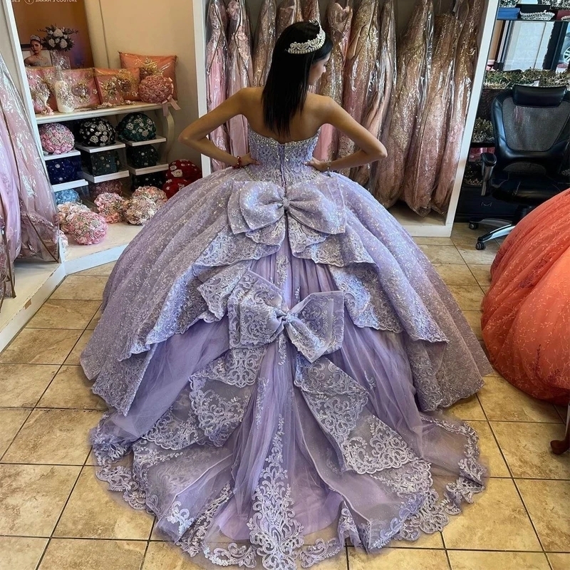 Sparkly Lavender Sweetheart Crystal Appliques Bow Quinceanera Dresses Ball Gown Off The Shoulder Beading Sweet Vestidos De D