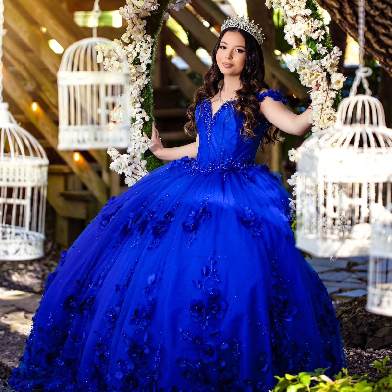 Royal Blue Ball Gown Quinceanera Dresses Off The Shoulder 3D wers Appliques Beads Tull Corset Sweet 16 Dress Vestidos De 15 Anos