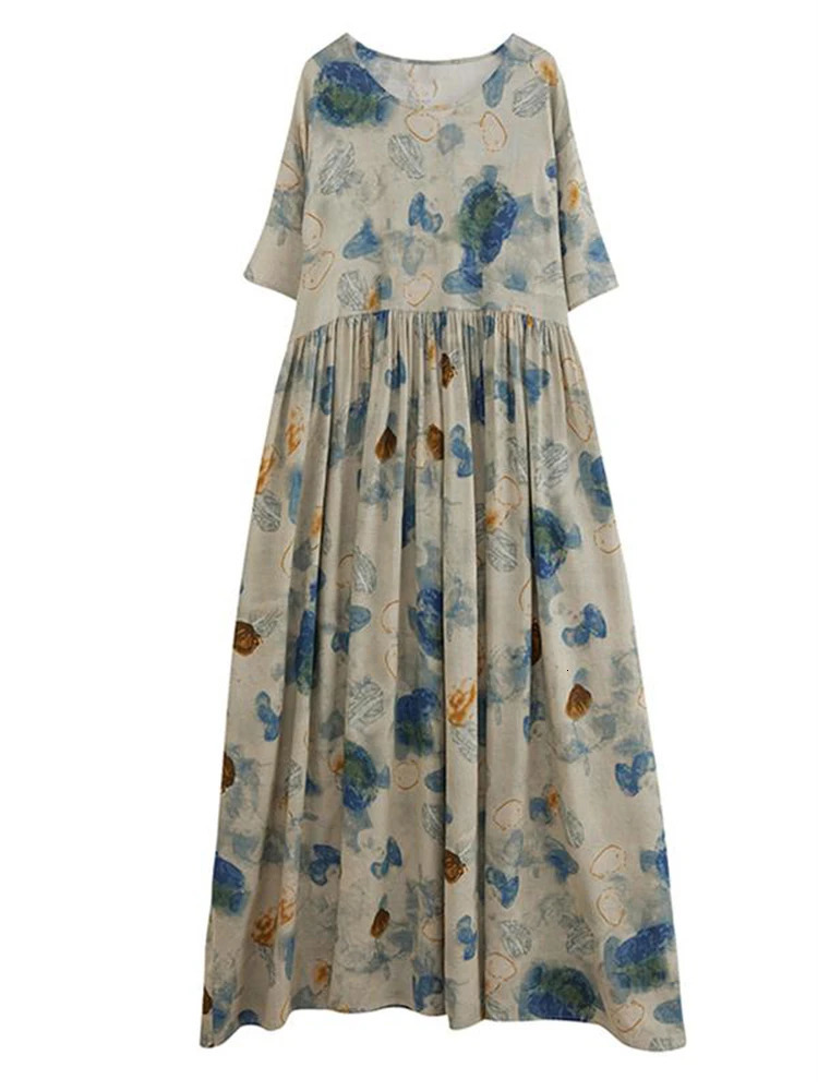 Cotton Vintage Print Dresses For Women Summer Short Sleeve Casual Loose Long Fashion Dress Elegant Vestidos Femme Clothing 240703