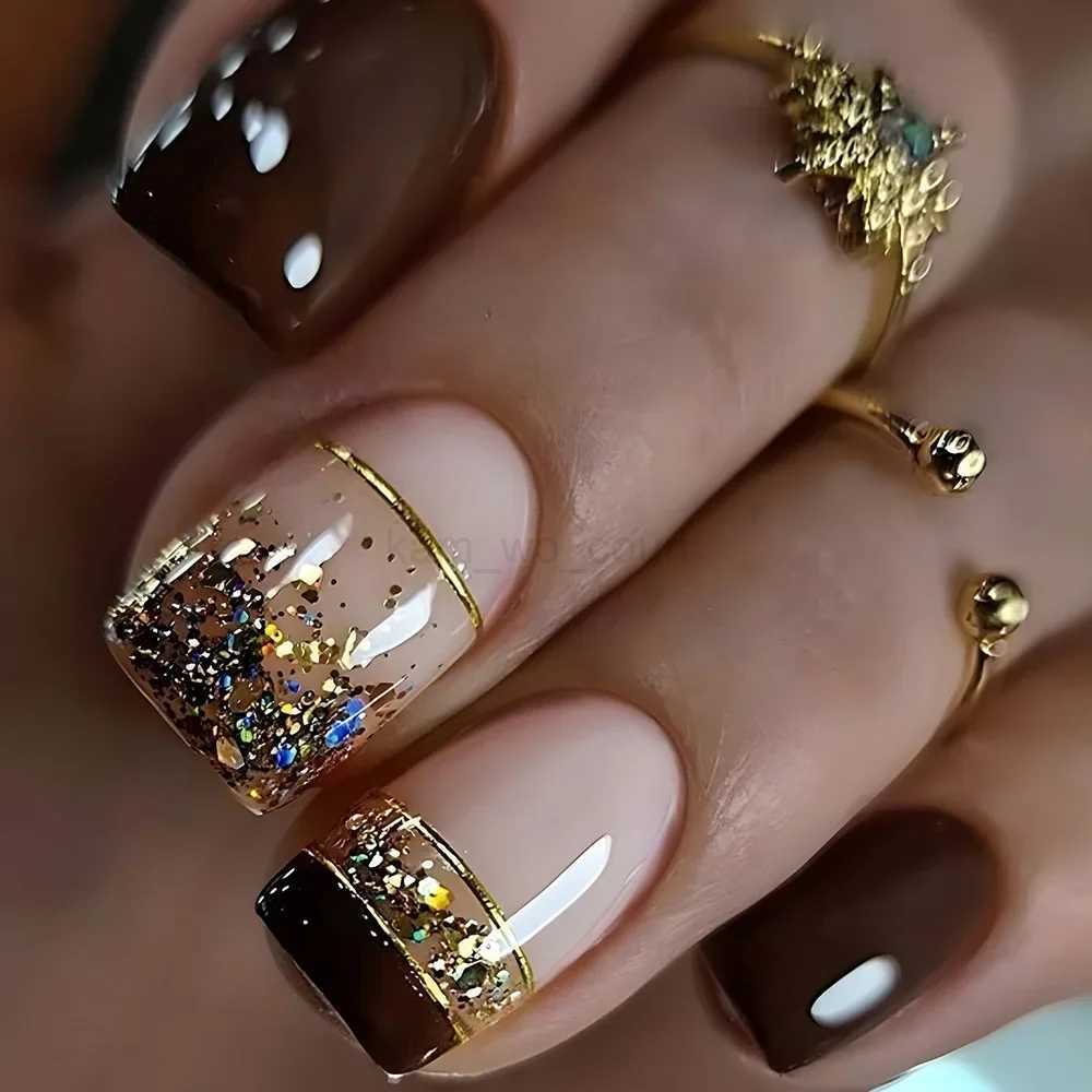 24Pcs Short Square Coffin False Nails Fake Nail with Glue French Glitter Wearable Ballet Design Nails Set Press on Nail TipsM240709