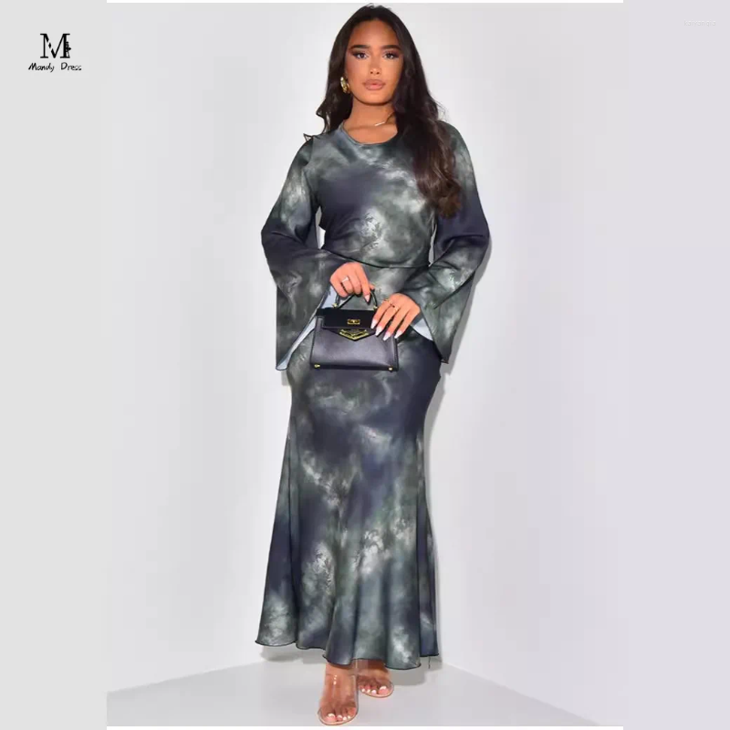 Casual Dresses Elegant Women Print Maxi Dress Long Sleeve Loose O-neck Bandage Satin Clothing Fashion Lady 2024