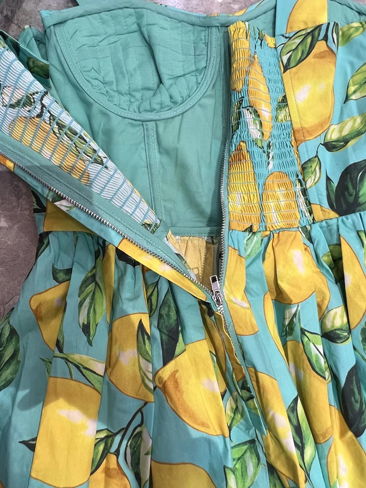 100% Cotton Women Dress Summer Beach Holiday Spaghetti Strap Lemon Printing Mini Vestidos High Street Princess 240703