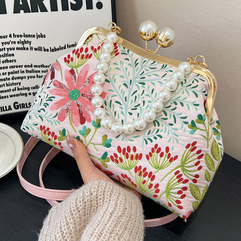Elegant Women Green Pink Shoulder Canvas Shell Clips Fashion Lady Pearls Handbag Daily Retro All-match Chain Crossbody Bags H7.9#37 889c9