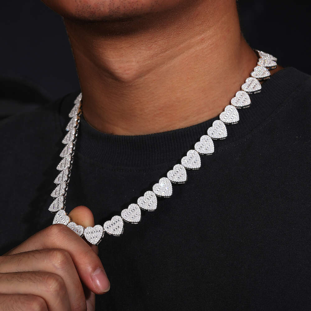 Hip Hop Jewelry High Quality 15mm 925 Sterling Silver Vvs Moissanite Diamond Iced Out Buguette Heart Tennis Chain Necklace