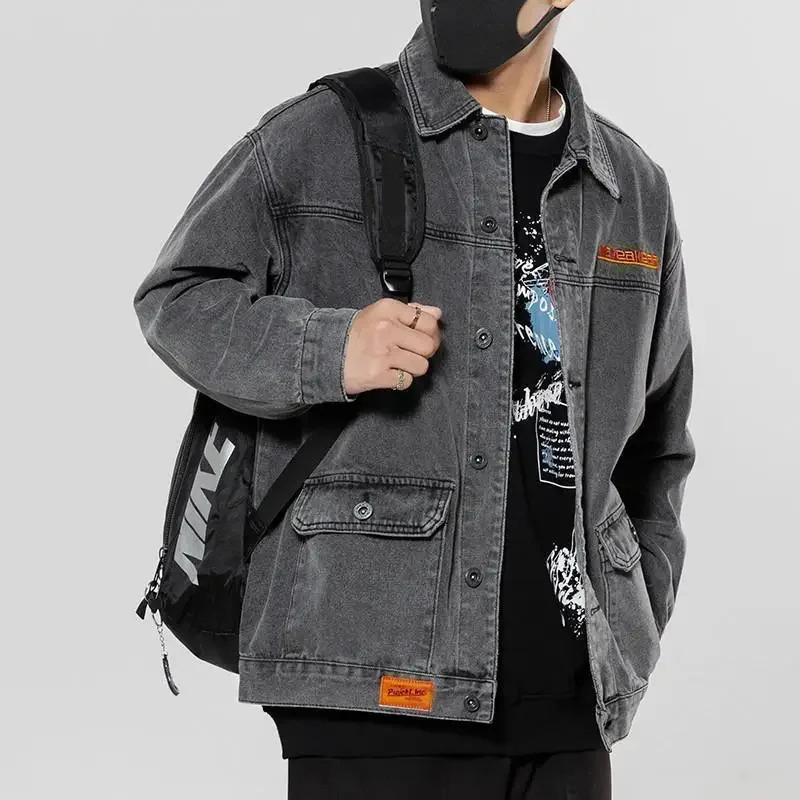 Mens Denim Jacket Gray Autumn Wide Shoulders Fashion Male Jean Coats with Embroidery Print Japanese Y2k Clothing Big Size Joker 240704