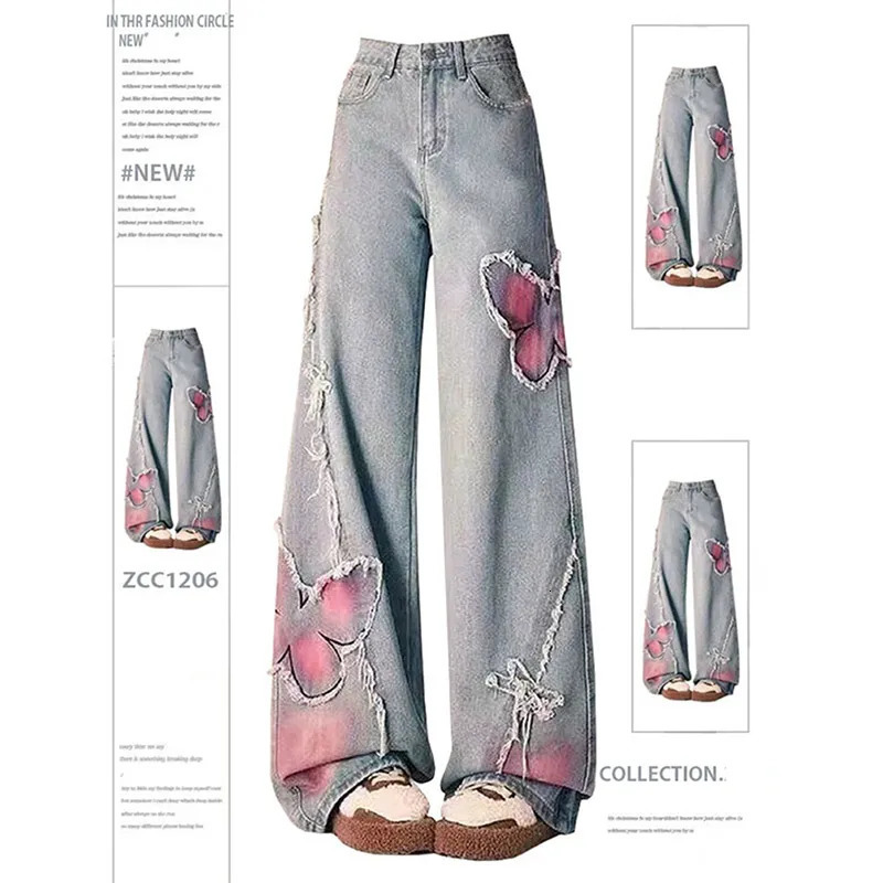 Women Vintage Baggy Blue Embroidery Jeans 90s High Waist Denim Trouser Harajuku Retro Korean Y2k Wide Cowboy Pants 2000s Clothes 240704