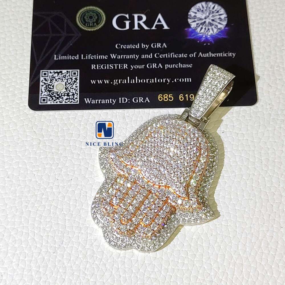 Custom Iced Out Hamsa Penadnt Teo Tone Rose and White Hip Hop Fashion Moissanite Jewelry 925 Silver Lab Diamond Hand Pendants