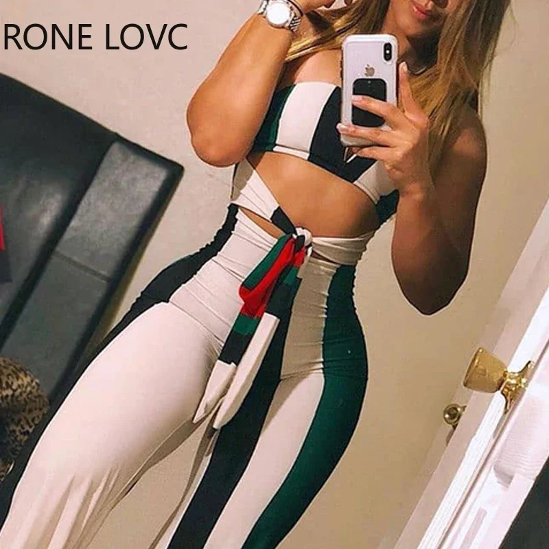 Women Skinny Striped Colorblock Lace up Cutout Bandeau Jumpsuit Summer Sexy Romper Jumpsuit 240703