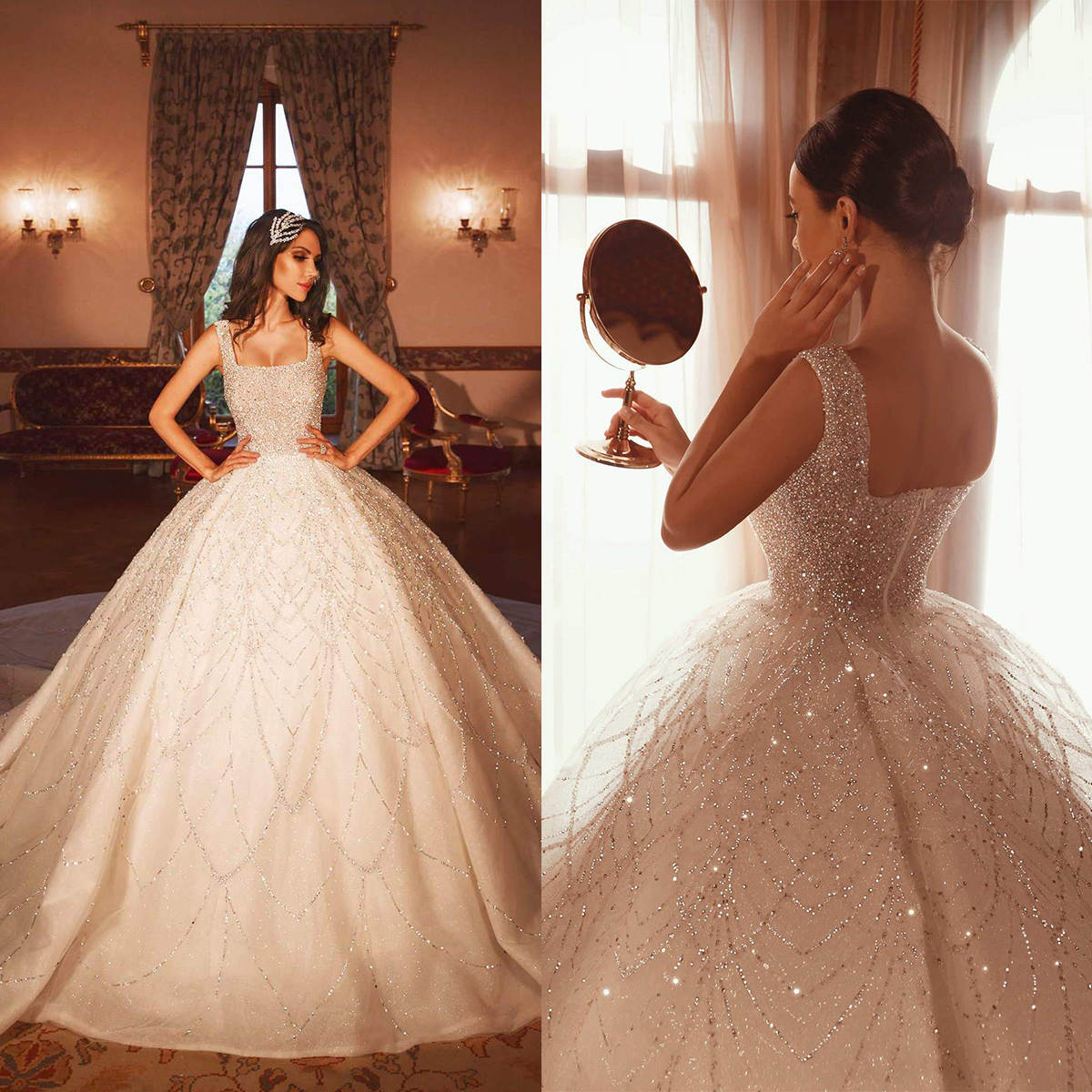 Wedding Ball Gown Dress Bg Sequins Square Collar Strap Bride Gowns Beaded Sleeveless Bridal Dresses Vestido De Novia S Es