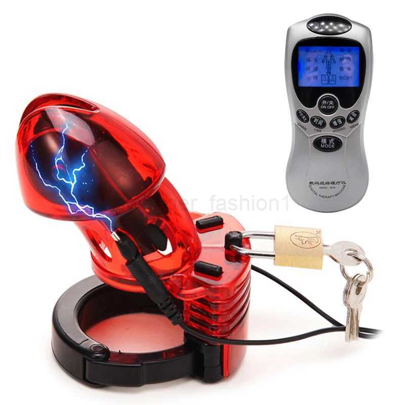 Electric Pulse Shock Chastity Cock Cages for Male Masturbator Erotic Goods Dildo Vibrator Penis Stimulation Belt Lock Sex ToysB240708