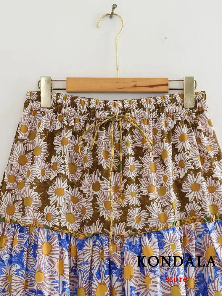 KONDALA Vintage Chic Flower Women Suit V-Neck Criss-Cross Short To Long Loose Ruffle Skirt Fashion Summer Holiday Suit 240701