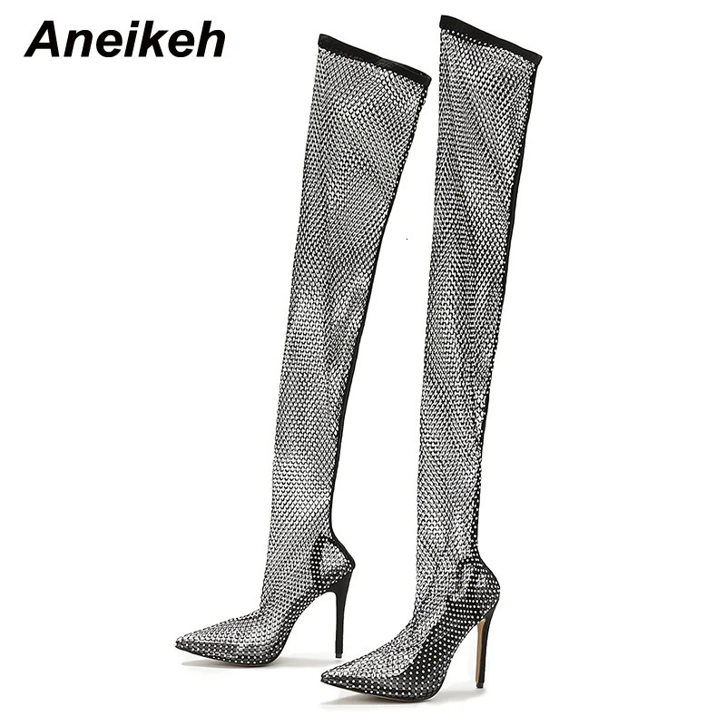 Aneikeh Sexy Bling Rhinestone Mesh Shoes Over The Knee Boots Women Pointed Toe Sandals Nightclub High Heels Botas Femininas 2024 240709