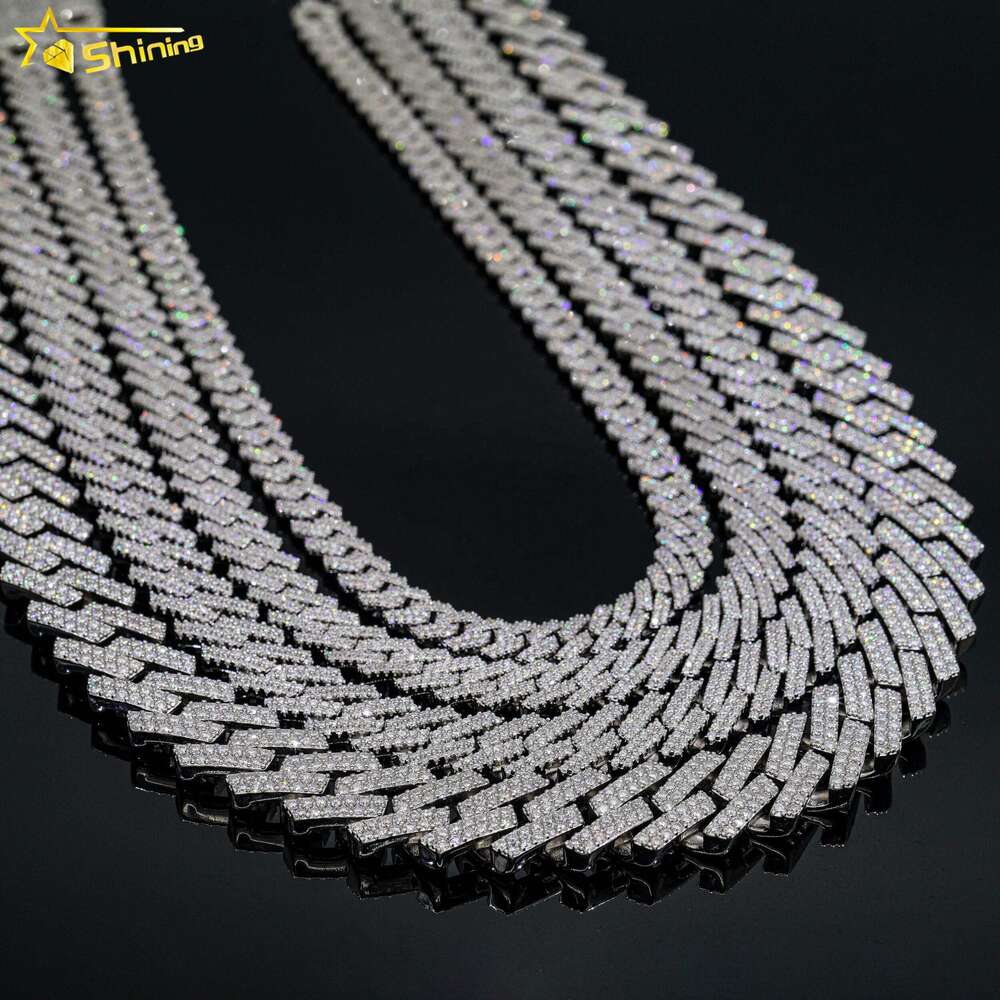 Iced Out Vvs Moissanite 2 Rows Miami Gold Cuban Chain Necklace 925 Sterling Silver Diamond Moissanite Cuban Link Chain