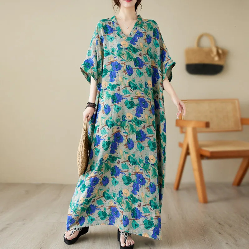 #3601 Retro Printed Cotton Linen Dress Batwing Sleeve Thin Loose Pockets Long Dress Ladies V-neck Sexy Beach Floor Length Dress 240703