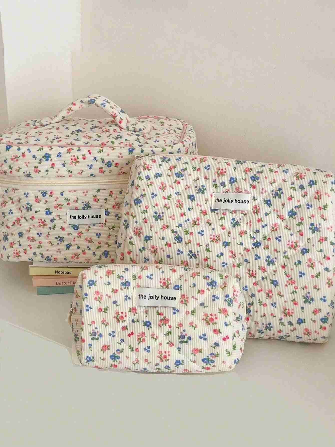 Lovely Floral Stitching Corduroy Cosmetic Bag For Storing Skin Care ltems Lipsticks Accessories Travel Necessity Birthday GiftCL240708