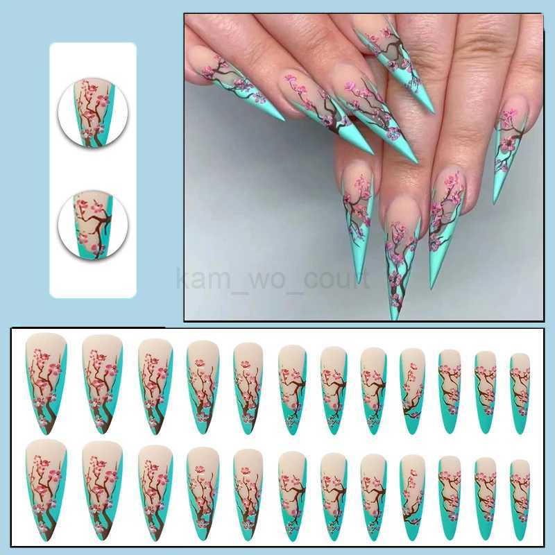 24pcs Plum Flower Press On Nails False Nail Tips Kit Full Cover Long Stiletto/Almond Acrylic Fake Nails Manicure DecorationsM240709
