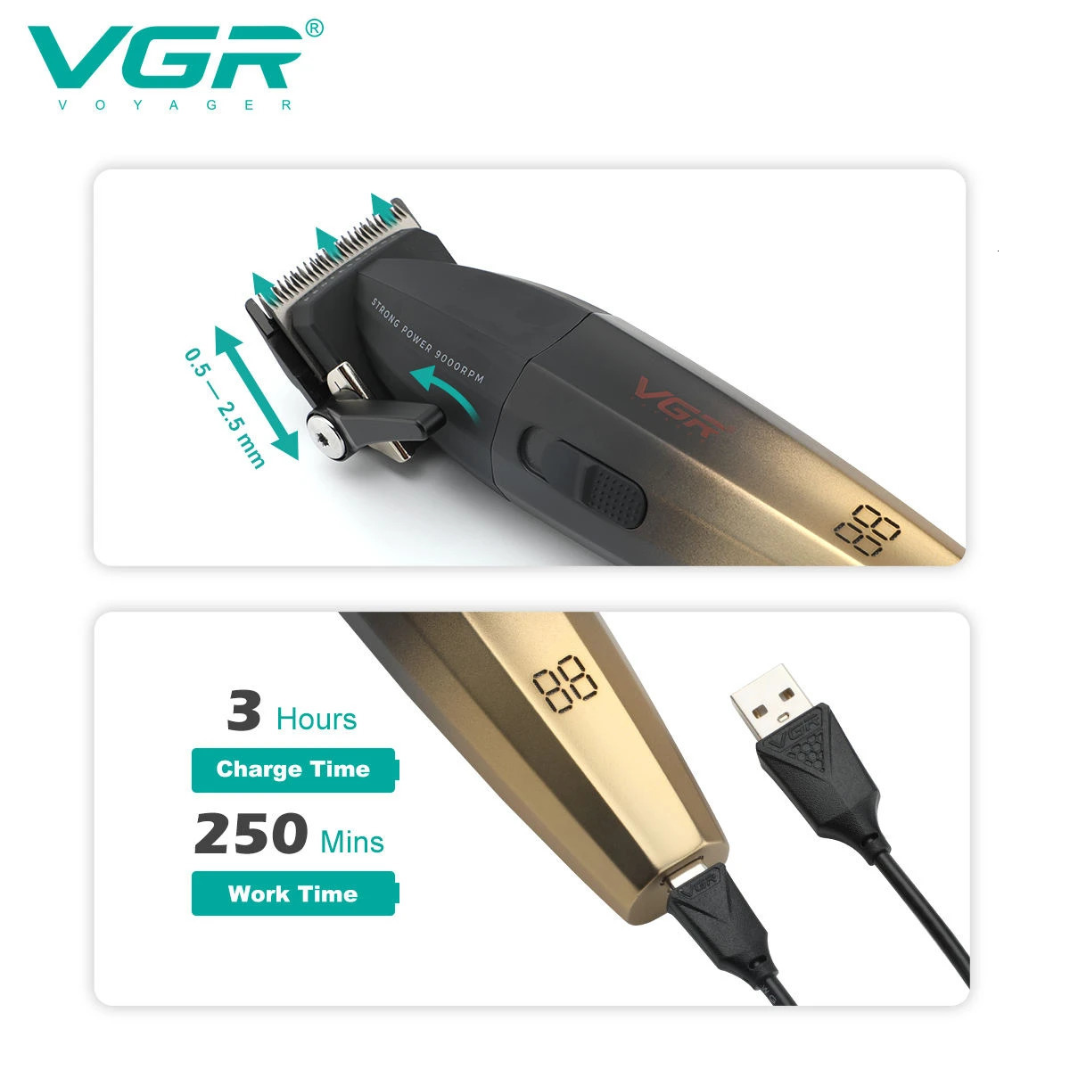 VGR Hair Clipper Professional Hair Trimmer 9000 RPM Barber Hair Cutting Machine Digital Display Haircut Clipper for Men V-003 240701
