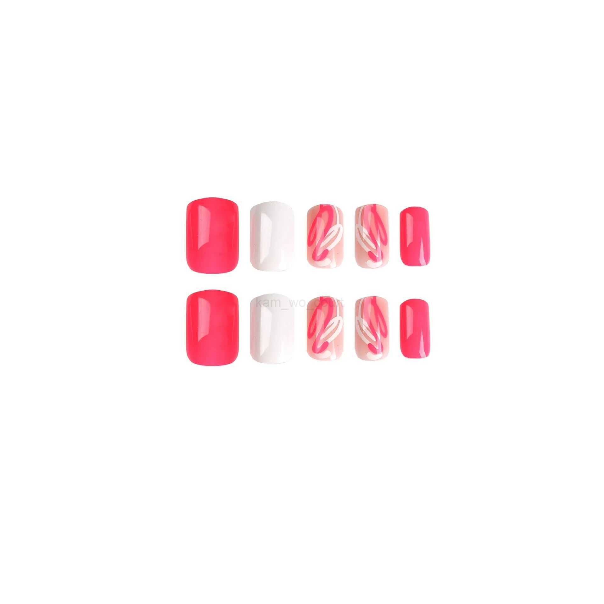 24pcs French Short False Nails Powder White Wave Design Fake Nails Art Full Cover Waterproof Detachable Artificial Press on NailM240709