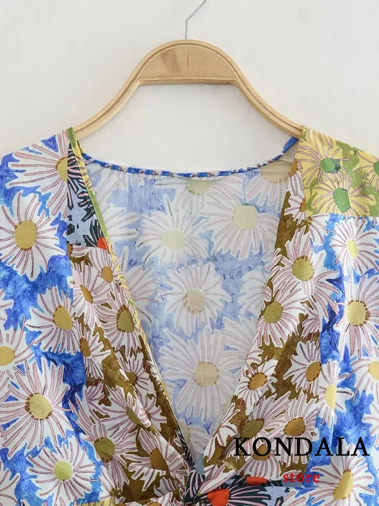 KONDALA Vintage Chic Flower Women Suit V-Neck Criss-Cross Short To Long Loose Ruffle Skirt Fashion Summer Holiday Suit 240701