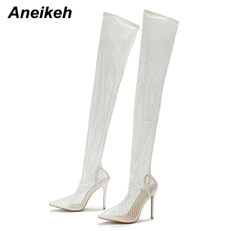 Aneikeh Sexy Bling Rhinestone Mesh Shoes Over The Knee Boots Women Pointed Toe Sandals Nightclub High Heels Botas Femininas 2024 240709