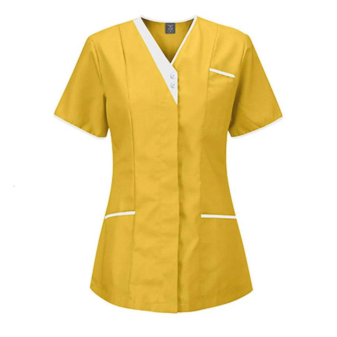 Nurse Uniform Women Solid Color Short V Neck Sleeve Scrubs Blouse Hospital Healthcare Working Tunic Spa Beauty Salon Workwear 240704