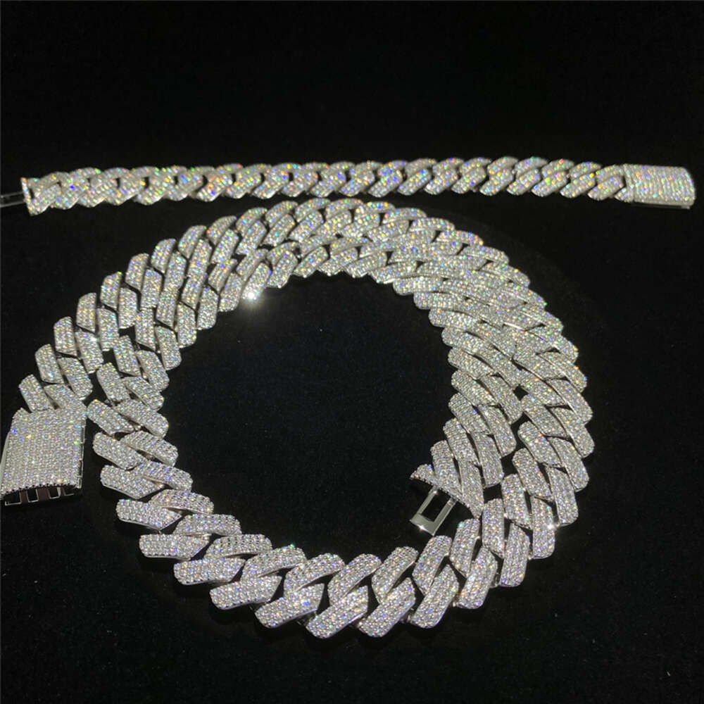 Moissanite Cuban Chain Necklace - 3-Row Dia 10mm 20mm Sterg Sier for Men Hip Hop Fashion Jewelry