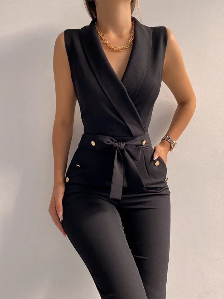 Women Casual V Neck Jumpsuits Button Lace Up Sleeveless Wide Leg Pants Streetwear Overalls Jumpsuit Women 240703