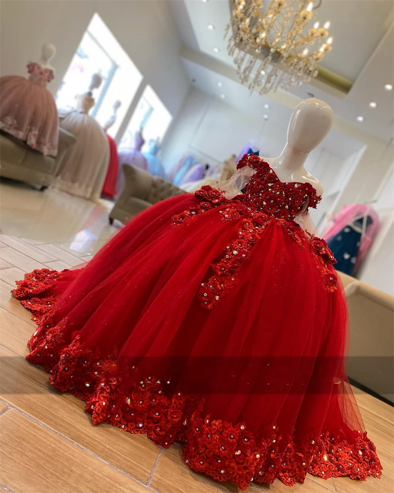 2025 Red Off Shoulder Ball Gown Flower Girl Dresses For Wedding Kids Beaded Appliques Pageant Dress Princess Flower Birthday Gown