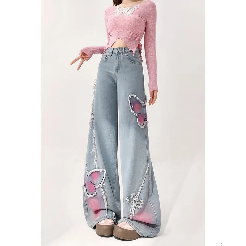 Women Vintage Baggy Blue Embroidery Jeans 90s High Waist Denim Trouser Harajuku Retro Korean Y2k Wide Cowboy Pants 2000s Clothes 240704